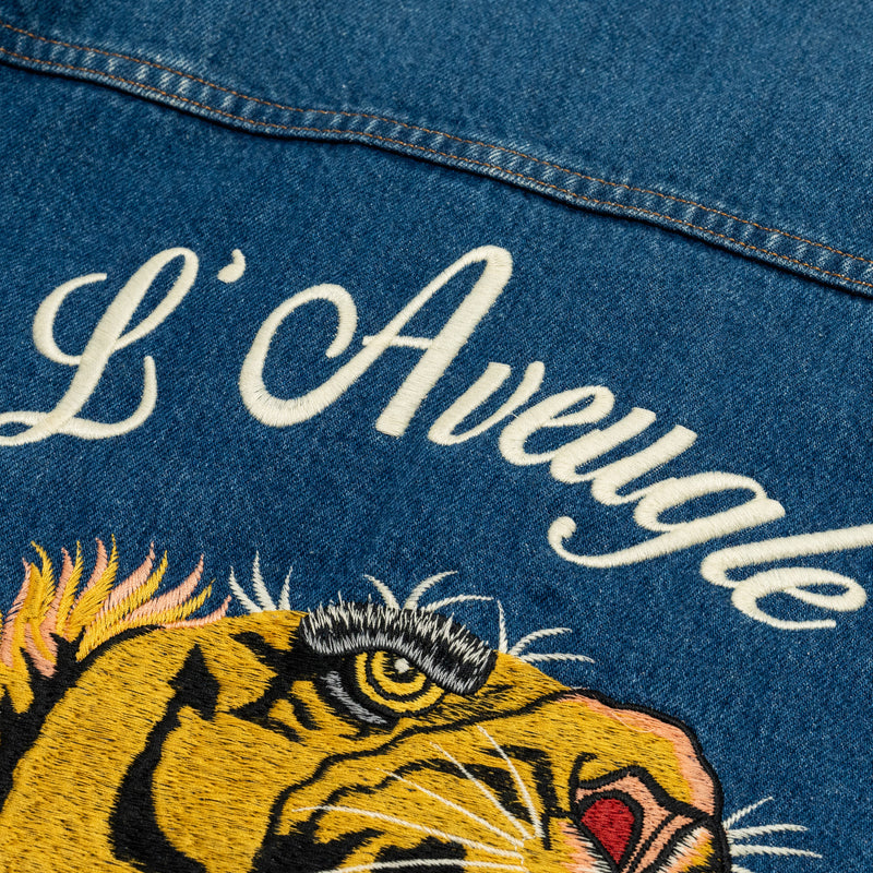 GUCCI Size 48 Tiger Denim Jacket With Embroidery Cotton Blue/Multicolour