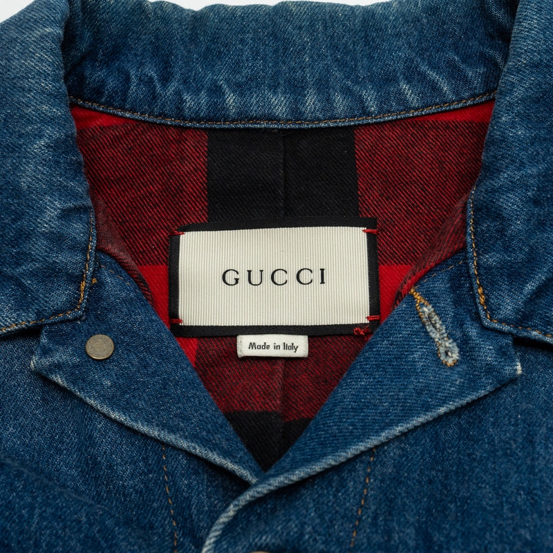 GUCCI Size 48 Tiger Denim Jacket With Embroidery Cotton Blue/Multicolour