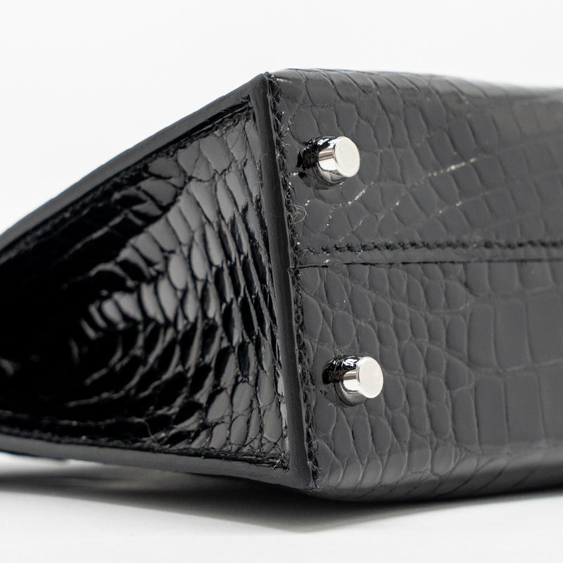 Hermes Mini Kelly II Shiny Alligator Mississippiensis Black SHW Stamp W