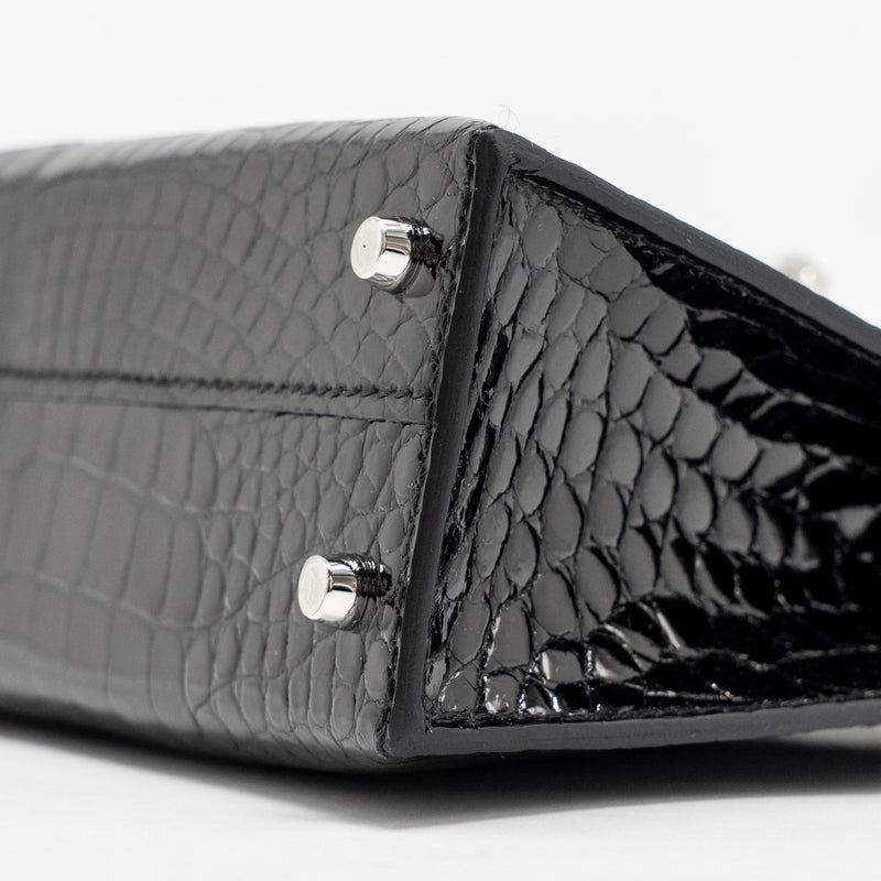 Hermes Mini Kelly II Shiny Alligator Mississippiensis Black SHW Stamp W