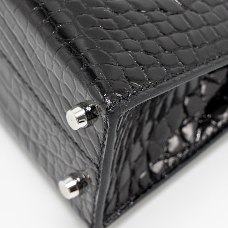 Hermes Mini Kelly II Shiny Alligator Mississippiensis Black SHW Stamp W