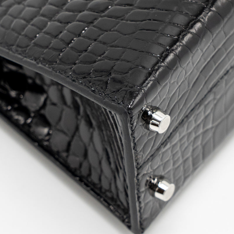 Hermes Mini Kelly II Shiny Alligator Mississippiensis Black SHW Stamp W