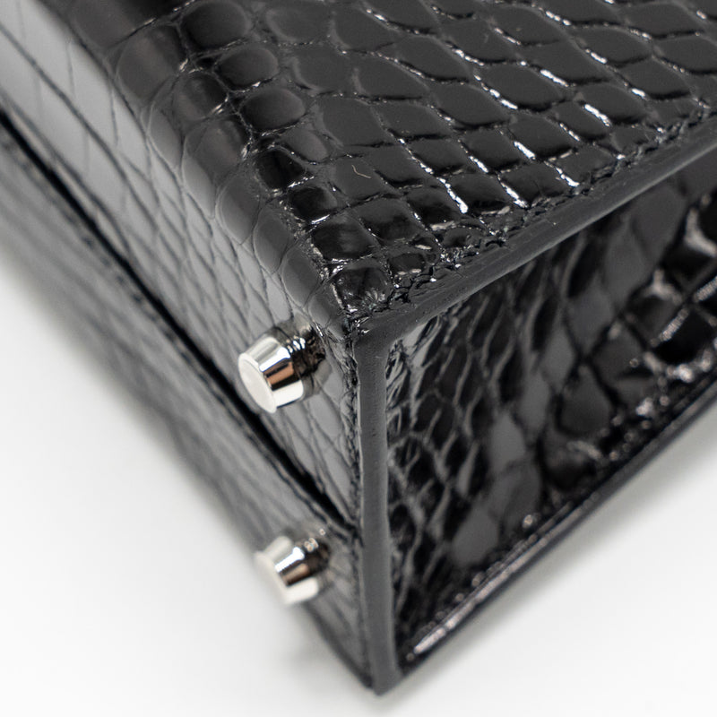 Hermes Mini Kelly II Shiny Alligator Mississippiensis Black SHW Stamp W
