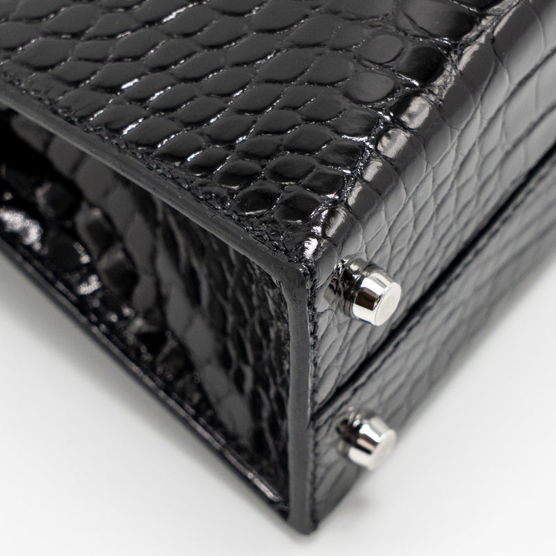 Hermes Mini Kelly II Shiny Alligator Mississippiensis Black SHW Stamp W