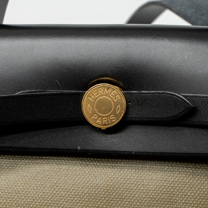 Hermes Herbag 31 Zip Bag Tolie H Berline Canvas/Vache Hunter Lichen/Ecru-Beige/Black GHW Stamp Z
