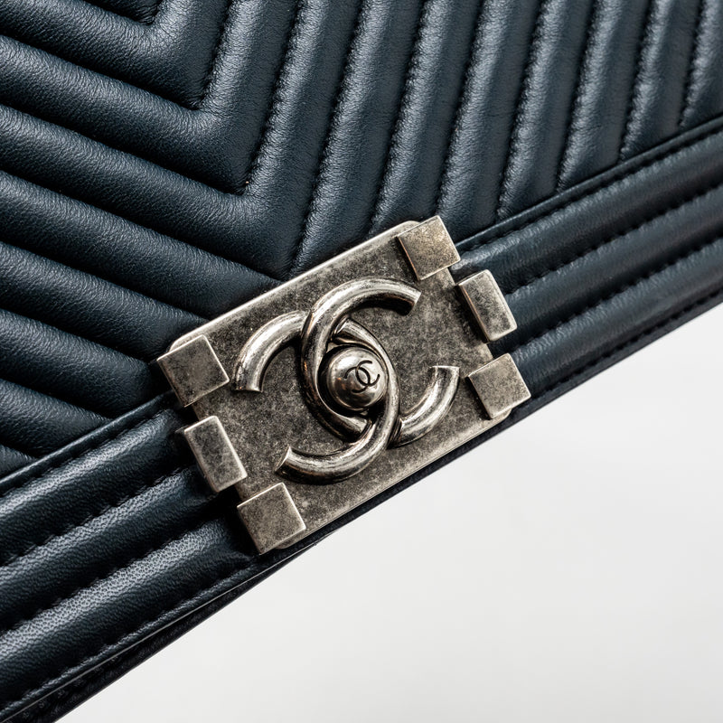 Chanel Medium Boy Bag Chevron Lambskin Dark Blue SHW