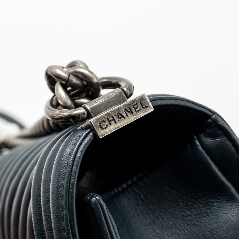 Chanel Medium Boy Bag Chevron Lambskin Dark Blue SHW