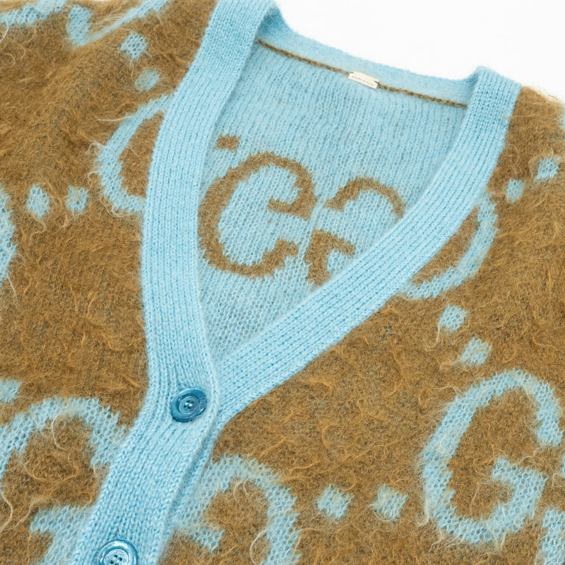 Gucci Size S Reversible GG Cardigan Mohair/Polyamide/Wool Light Blue/Brown