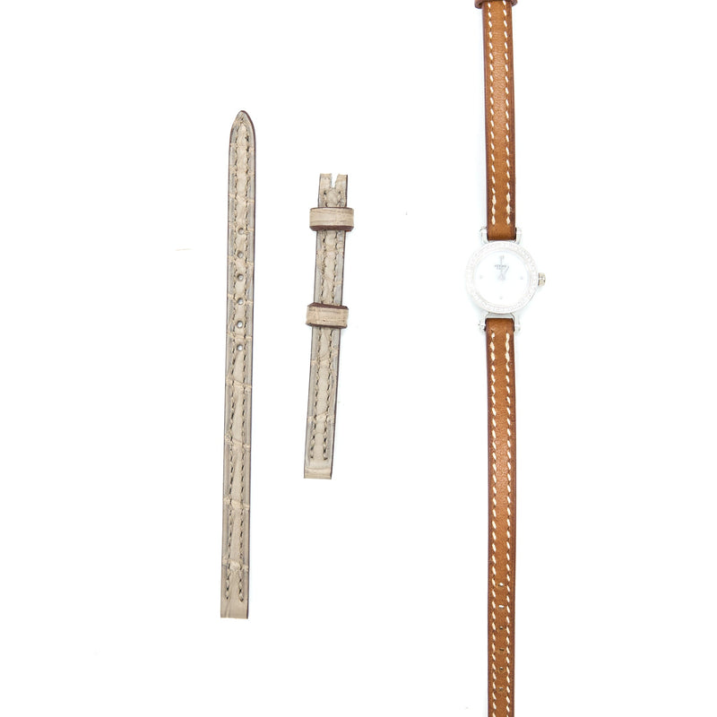 Hermes Faubourg Watch Mini Model 15mm White Gold with Diamonds Barenia Calfskin Strap