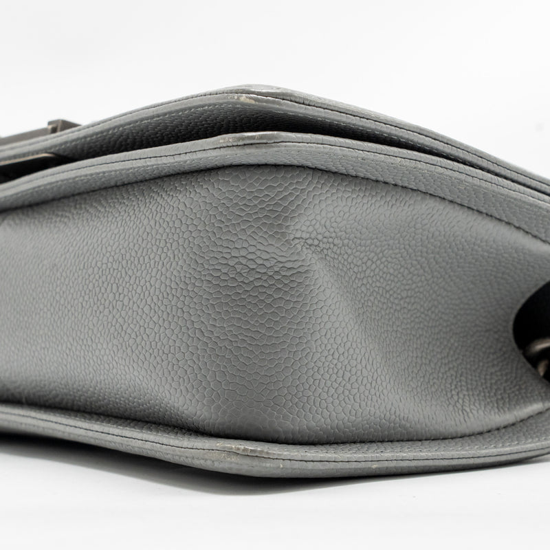 Chanel Medium Boy Bag Chevron Caviar Grey Ruthenium Silver Hardware