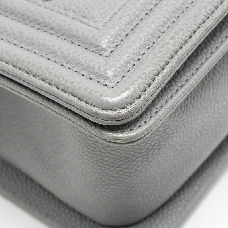 Chanel Medium Boy Bag Chevron Caviar Grey Ruthenium Silver Hardware