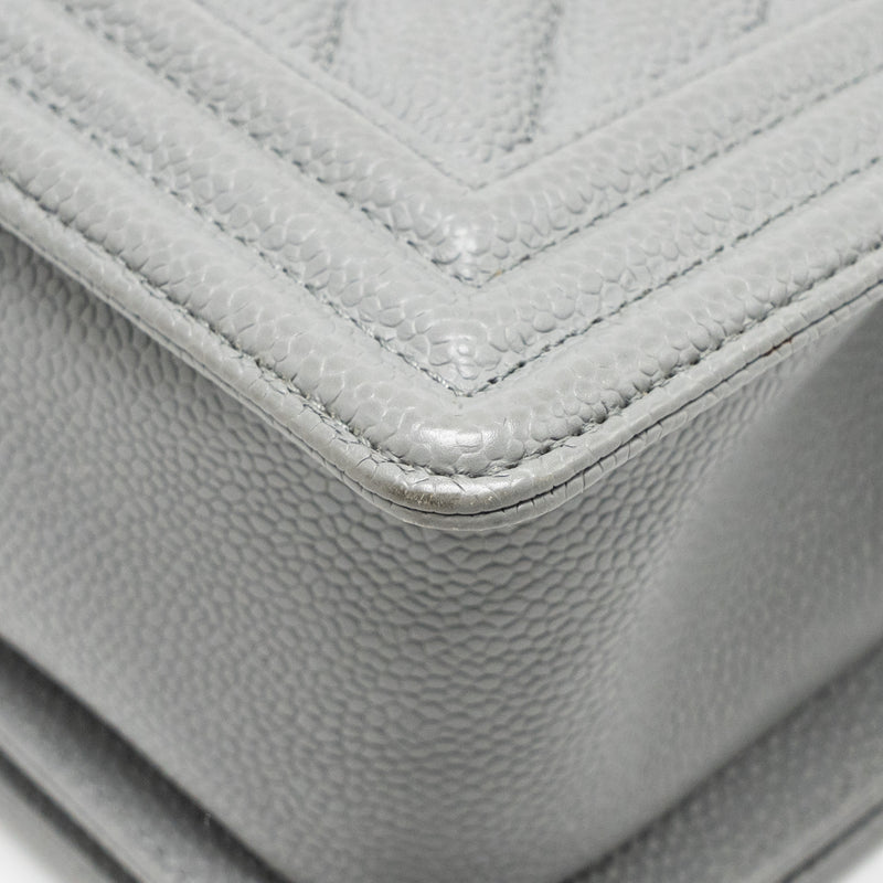Chanel Medium Boy Bag Chevron Caviar Grey Ruthenium Silver Hardware