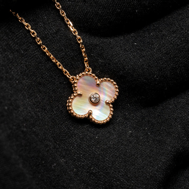Van Cleef & Arpels 2025 Holiday Vintage Alhambra Pendant, Rose Gold, Pink Mother of Pearl, Diamond