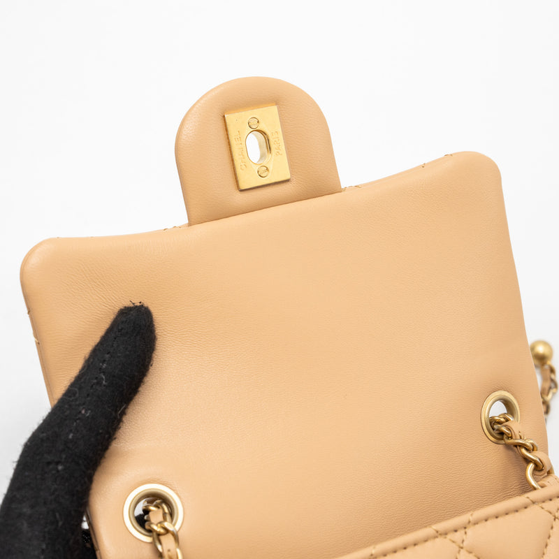 Chanel 23K Pearl Crush Mini Square Flap Bag Lambskin Beige GHW (Microchip)