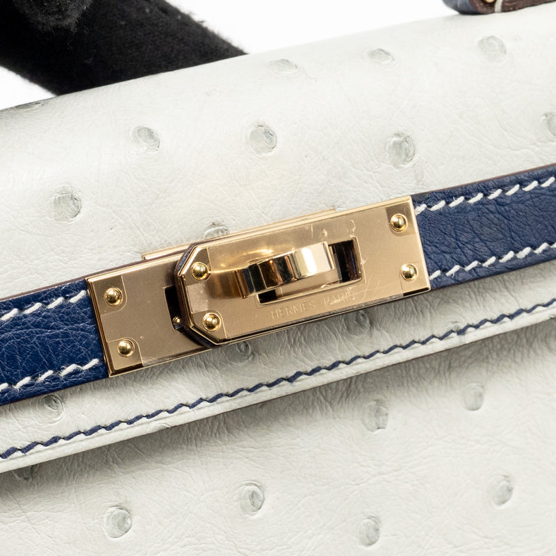 Hermes Mini Kelly Special Order Ostrich Gris Perle/Blue Iris LGHW Stamp U
