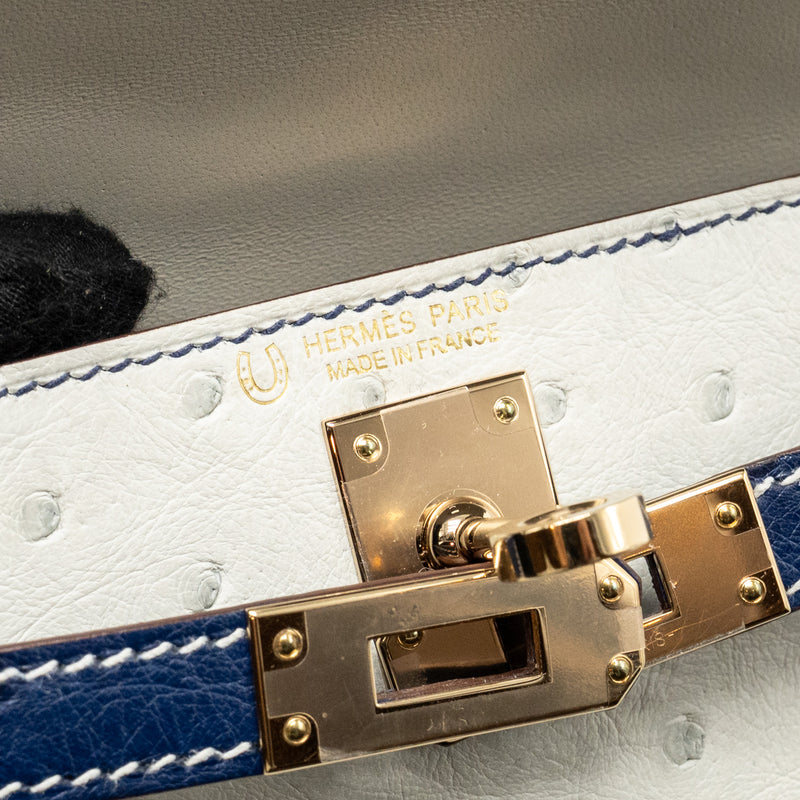 Hermes Mini Kelly Special Order Ostrich Gris Perle/Blue Iris LGHW Stamp U