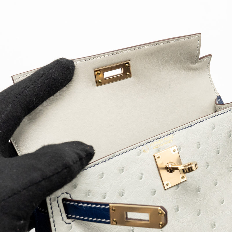 Hermes Mini Kelly Special Order Ostrich Gris Perle/Blue Iris LGHW Stamp U