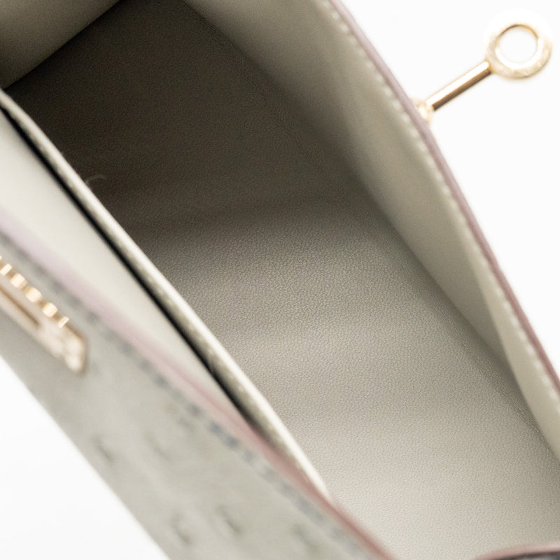 Hermes Mini Kelly Special Order Ostrich Gris Perle/Blue Iris LGHW Stamp U