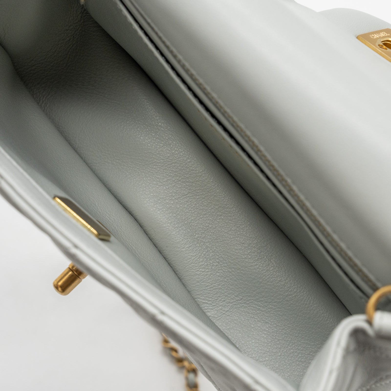 Chanel 23C pearl crush mini rectangular flap bag lambskin light grey G