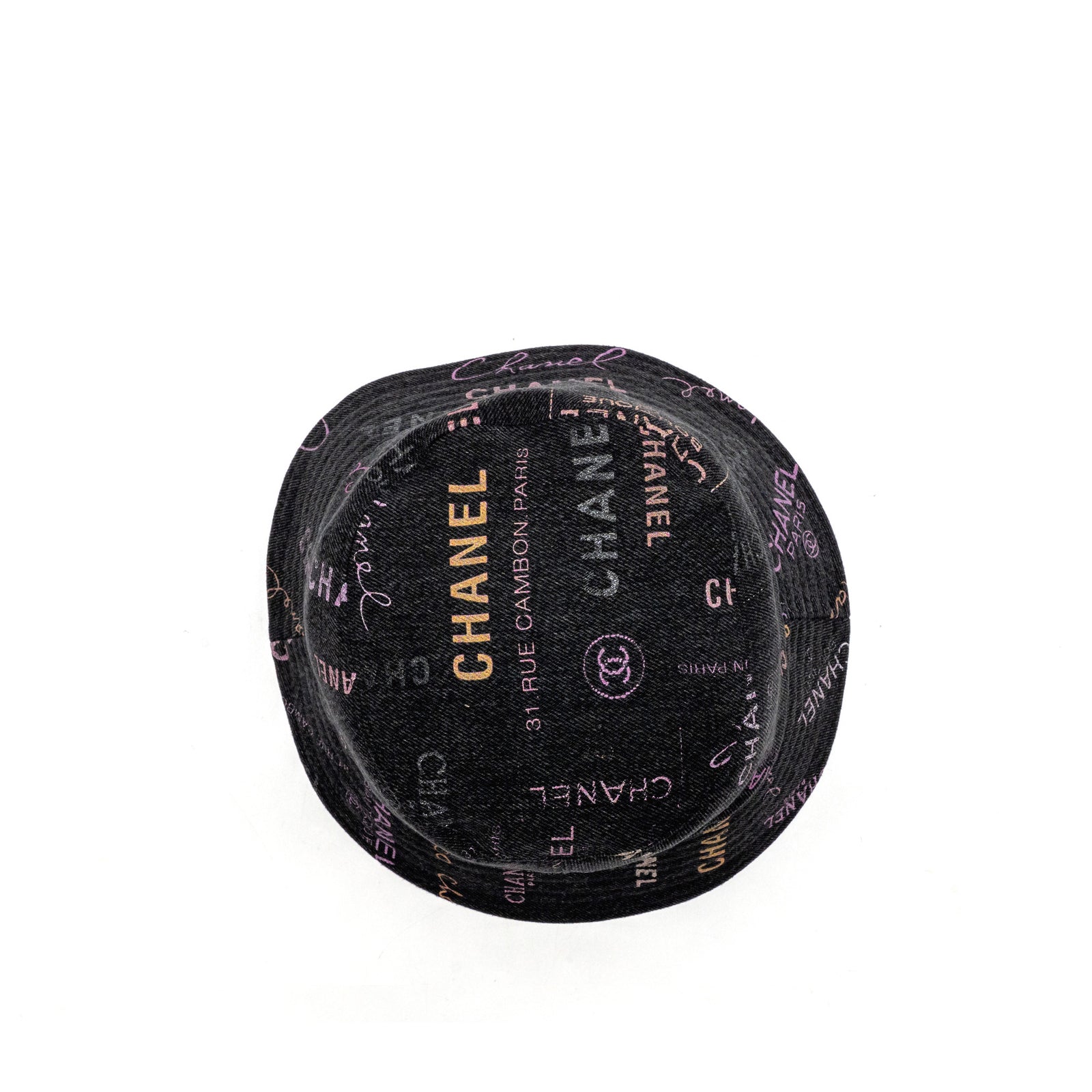 Chanel Size M Logo Print Denim Bucket Hat Black / Multicolour