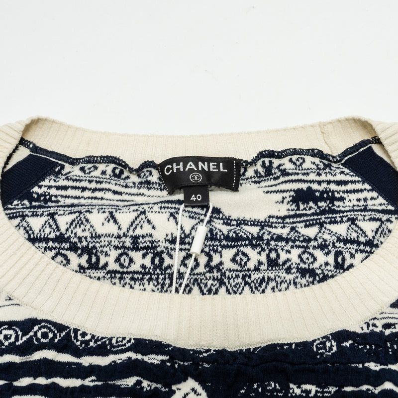 Chanel Size 40 18C Pullover Cotton/ Viscose Navy/Ecru