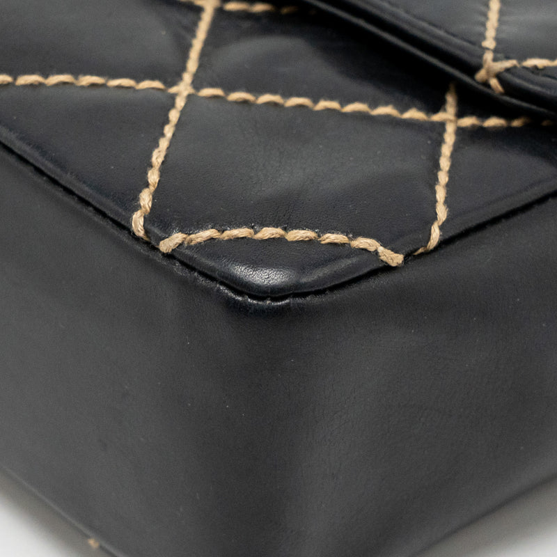 Chanel Vintage quilted flap bag lambskin black with white stitching GHW