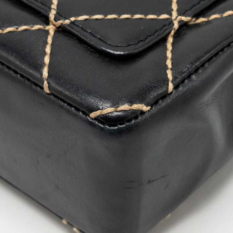 Chanel Vintage quilted flap bag lambskin black with white stitching GHW
