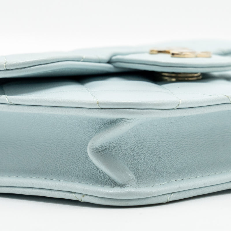 Chanel Top Handle Mini Flap Bag with Chain Lambskin Light Blue LGHW