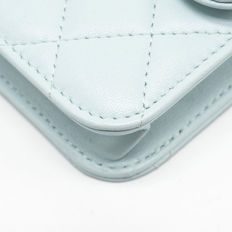 Chanel Top Handle Mini Flap Bag with Chain Lambskin Light Blue LGHW
