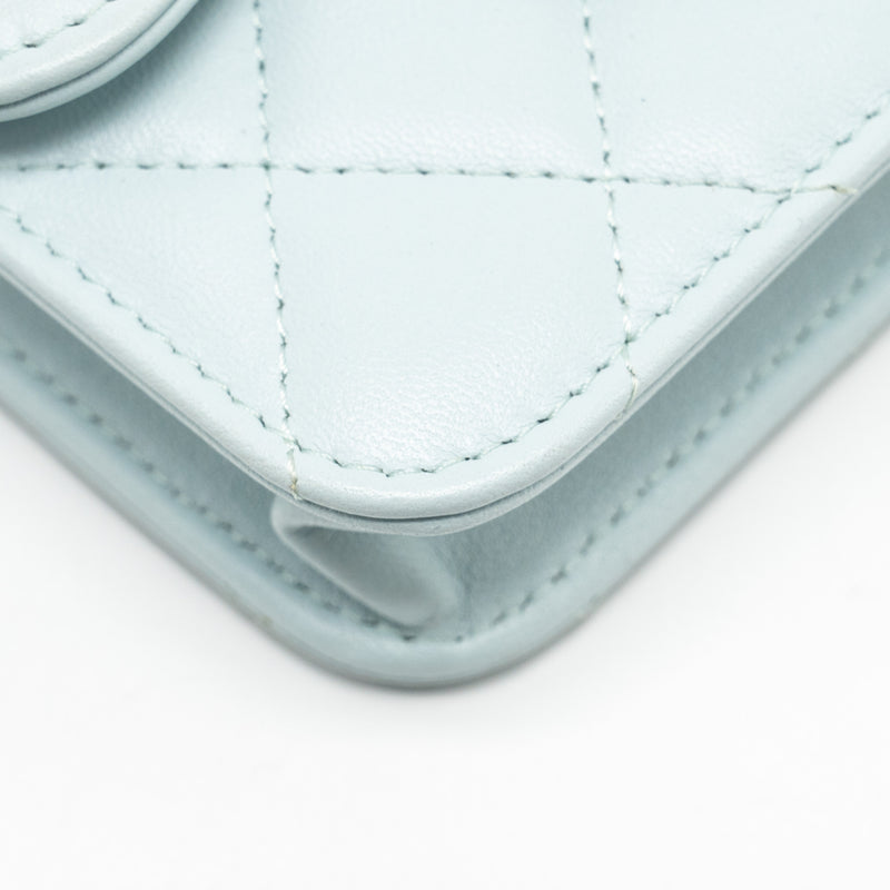 Chanel Top Handle Mini Flap Bag with Chain Lambskin Light Blue LGHW