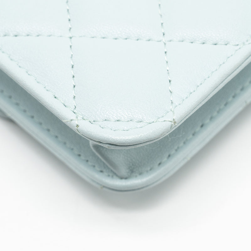 Chanel Top Handle Mini Flap Bag with Chain Lambskin Light Blue LGHW
