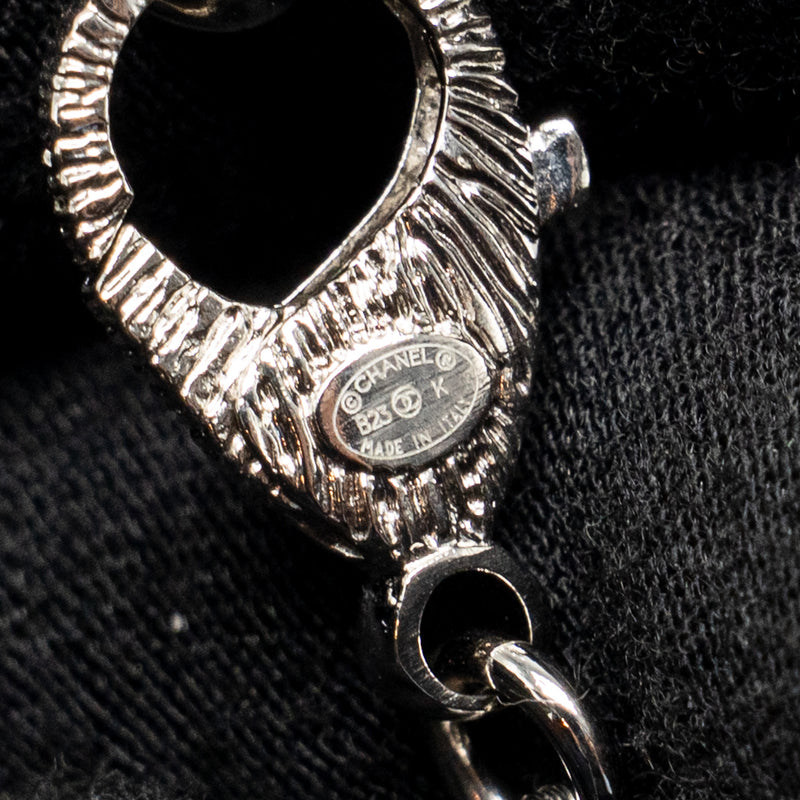 Chanel Crystal/Pearl CC Logo Dropped Necklace Silver Tone