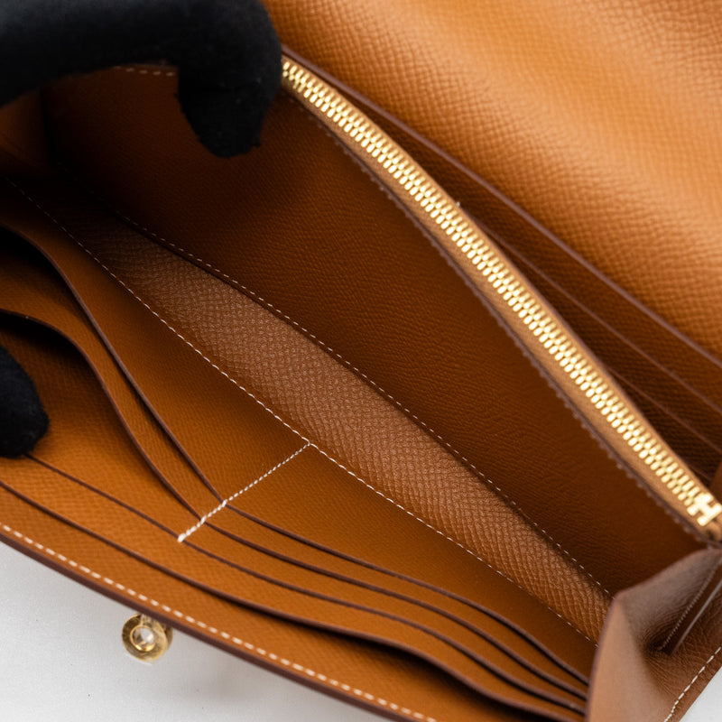 Hermes kelly long wallet epsom gold GHW stamp D