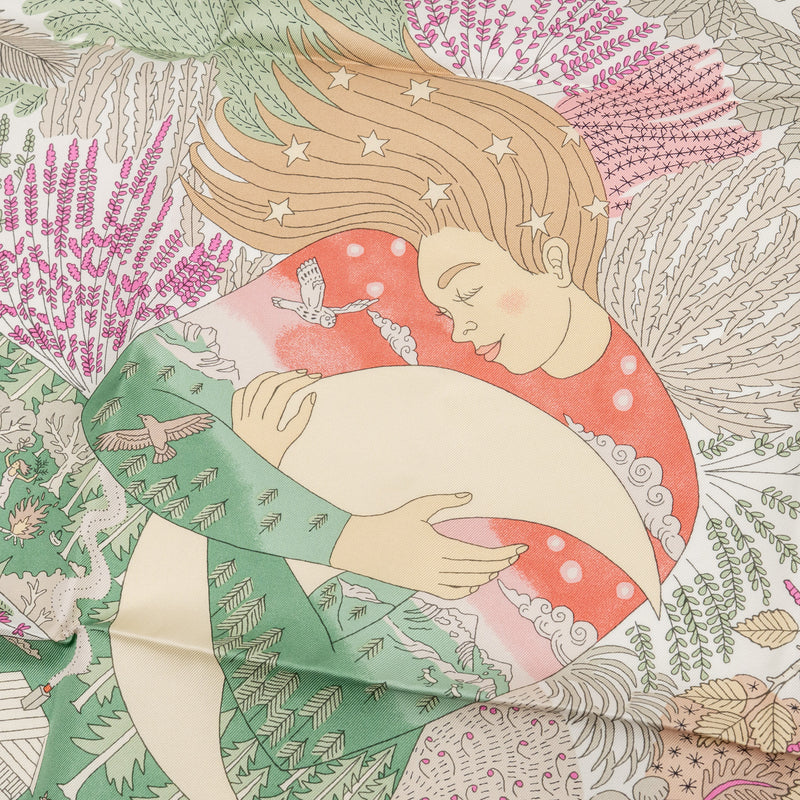 Hemes 90cm Silk Scarf Dans Les Bras de Selene Blanc/ Rose/ Vert