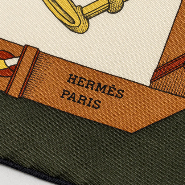Hemes 90cm Silk Scarf Les Chevaux Dechaines Ivoire/ Vert Loden/ Vieil Or
