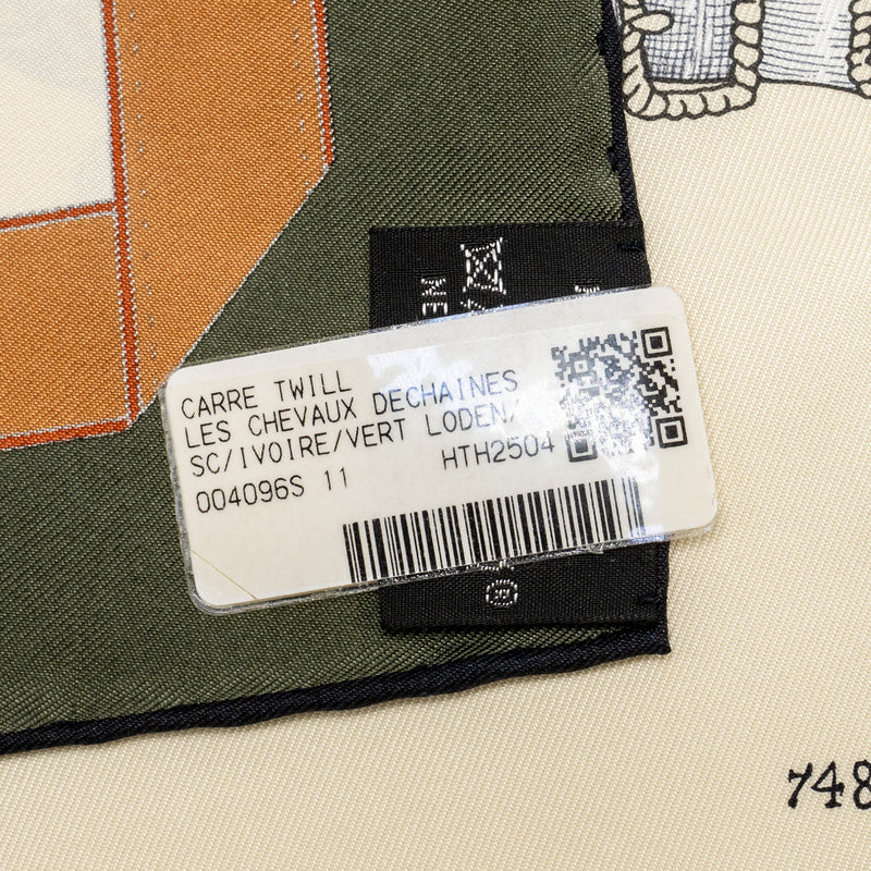 Hemes 90cm Silk Scarf Les Chevaux Dechaines Ivoire/ Vert Loden/ Vieil Or