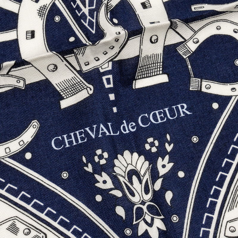 Hermes 140cm Cheval de Coeur Bandana Shawl Cashmere/Silk Bleu Marine/ Blanc/ Noisette
