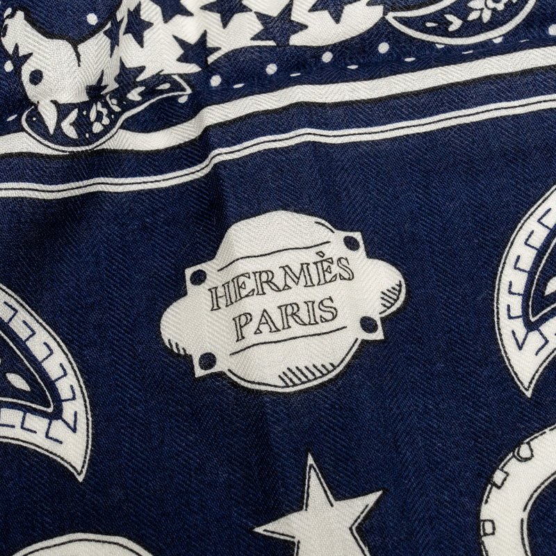Hermes 140cm Cheval de Coeur Bandana Shawl Cashmere/Silk Bleu Marine/ Blanc/ Noisette