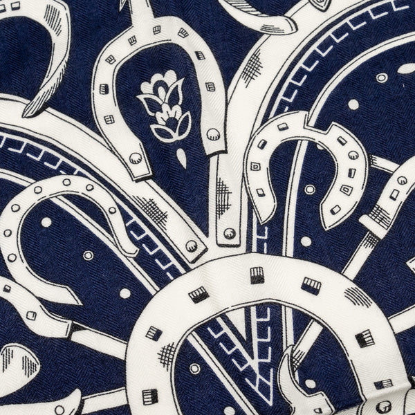 Hermes 140cm Cheval de Coeur Bandana Shawl Cashmere/Silk Bleu Marine/ Blanc/ Noisette
