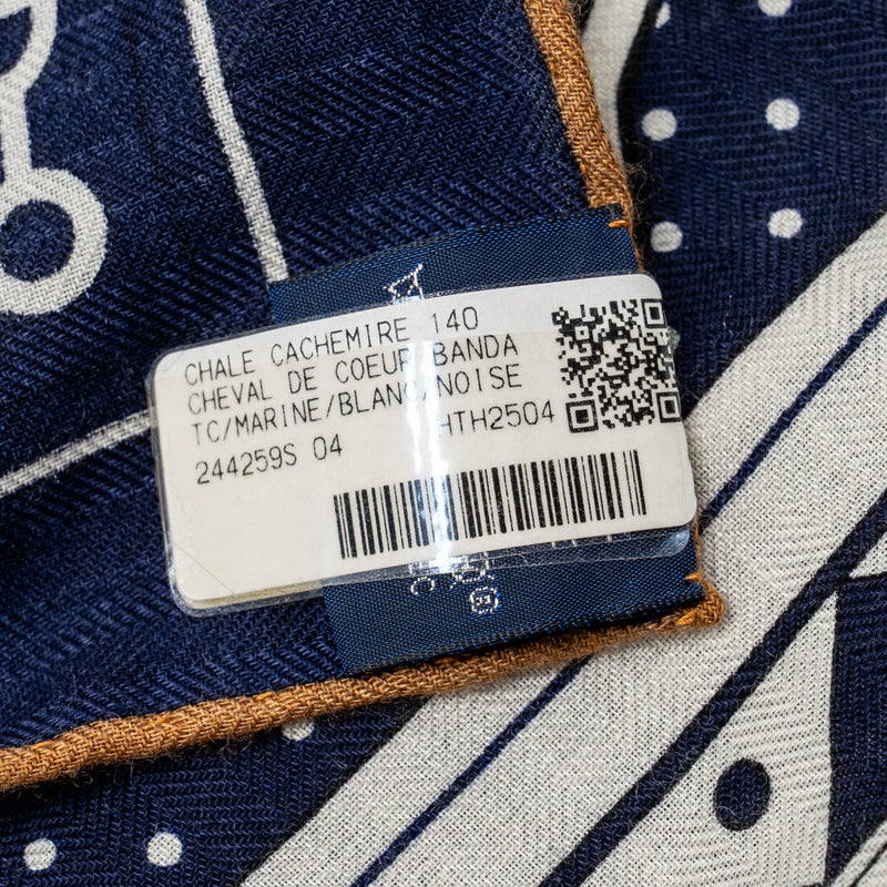 Hermes 140cm Cheval de Coeur Bandana Shawl Cashmere/Silk Bleu Marine/ Blanc/ Noisette
