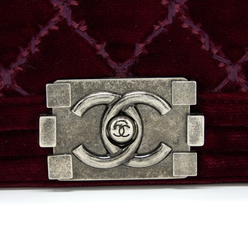 Chanel Medium Boy Bag Velvet Dark Red Ruthenium SHW