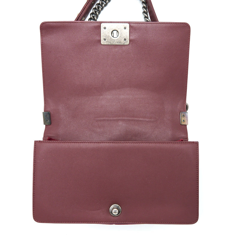Chanel Medium Boy Bag Velvet Dark Red Ruthenium SHW