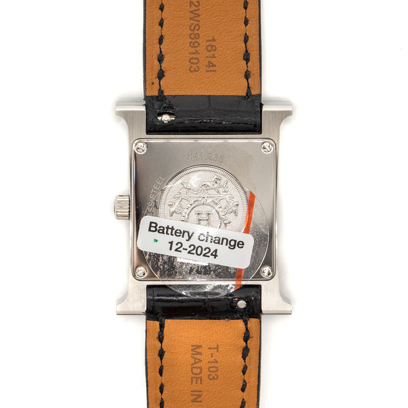 Hermes Heure H Watch Small Model 25mm Mother Of Pearl Dial, Diamonds Black Alligator Strap