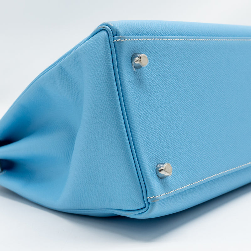 Hermes Kelly 35 Epsom 7N Blue Celeste SHW Stamp Square O