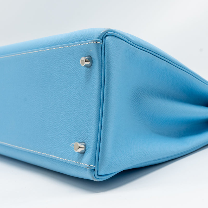 Hermes Kelly 35 Epsom 7N Blue Celeste SHW Stamp Square O