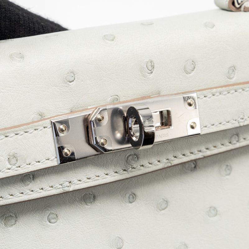 Hermes Mini Kelly II Special Order Ostrich Gris Perle/Jaune Amber SHW