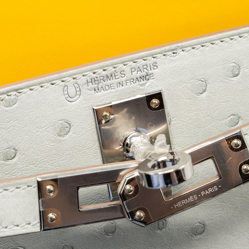 Hermes Mini Kelly II Special Order Ostrich Gris Perle/Jaune Amber SHW Stamp B