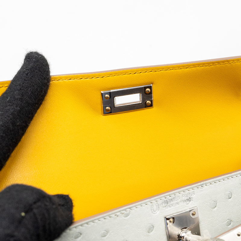 Hermes Mini Kelly II Special Order Ostrich Gris Perle/Jaune Amber SHW Stamp B