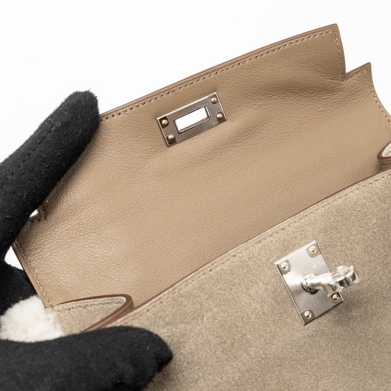 Hermes Mini Kelly Pluch Grizzly/Swift/Mouton Merinos Gris Caillou/Ecru/Etoupe SHW Stamp W