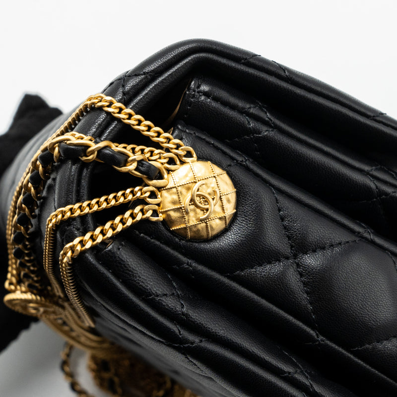 Chanel 22a Button On Chain Flap Shoulder Bag Lambskin Black Brushed GHW(Microchip)